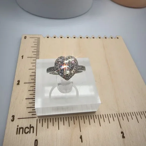 Silver Heart Cut Stone Ring with Pave Detailing Adjustable - Picture 14 of 14